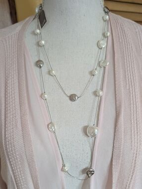 J. Jill Long Strand Faux Pearl Necklace in White and Silver Accents NWT $49